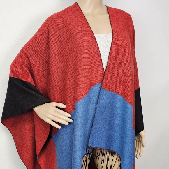 Janice Apparel Wrap Poncho Colorblock Fringed One size Country Cabincore - Picture 2 of 12